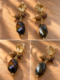Boucles d'oreilles pendantes perles et pierre dorées marron – PILA – photo 1