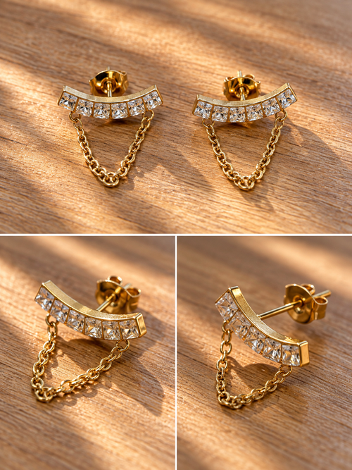 Boucles d'oreilles strass et chaîne pendante dorées – LAURIE – photo 1