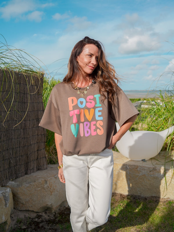 TEE SHIRT POSITIVE VIBES TAUPE