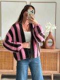 Gilet maille femme rayé rose chocolat manches bouffantes – ALY – photo 1
