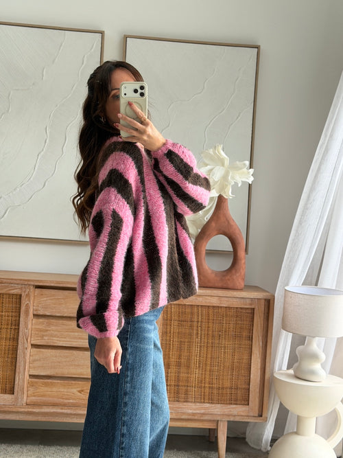 Gilet maille femme rayé rose chocolat manches bouffantes – ALY – photo 3