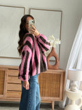 Gilet maille femme rayé rose chocolat manches bouffantes – ALY – photo 3