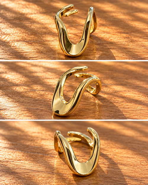 Bague dorée effet vague ouverte et réglable acier inox – VAGUE – photo 1