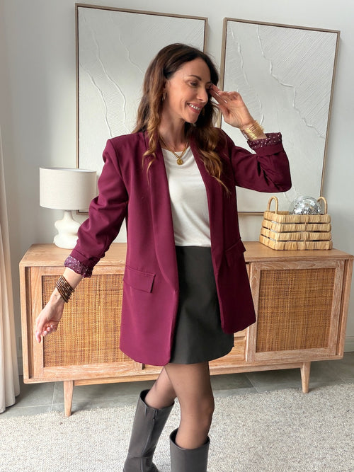 Blazer femme bordeaux coupe ajustée doublure à pois – LOANE – photo 2