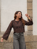 Blouse chocolat brodée de perles col rond – LOUISIE – photo 7