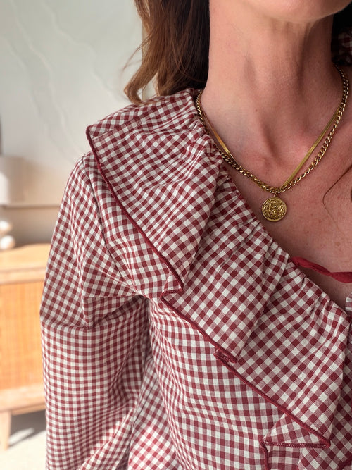 Blouse imprimée bordeaux et blanc volants col V à nouer – CLEA – photo 2
