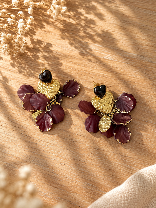 Boucles d'oreilles pendantes fleur dorée marron – BETTY – photo 1