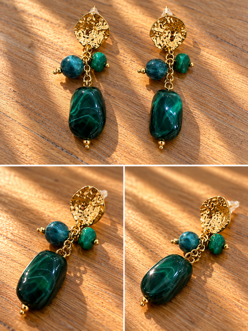 Boucles d'oreilles pendantes perles pierre vert bouteille – PILA – photo 1