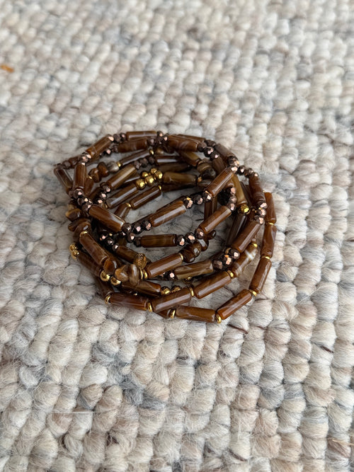 Bracelet multirang perles marron et doré élastique – MERYL – photo 2