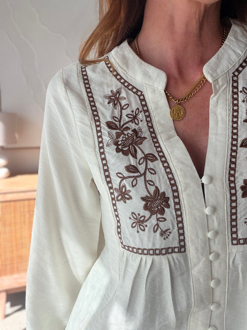 Chemise blanche brodée marron manches longues bohème – ELLIE – photo 2