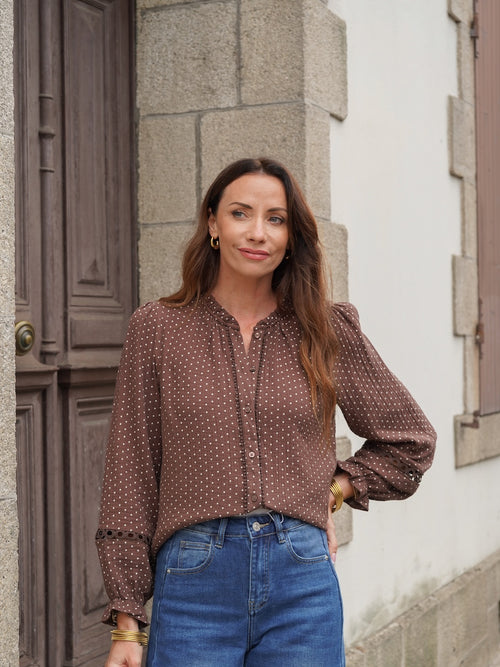 Chemise femme à pois marron manches longues – TELINE – photo 2