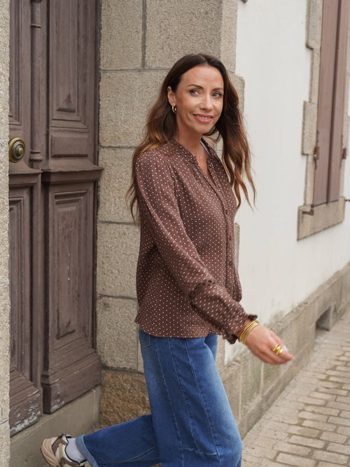 Chemise femme à pois marron manches longues – TELINE – photo 3