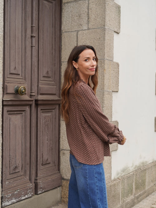 Chemise femme à pois marron manches longues – TELINE – photo 4