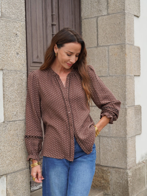 Chemise femme à pois marron manches longues – TELINE – photo 6
