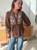 Chemise femme marron brodée manches longues bohème – ELLIE – photo 1