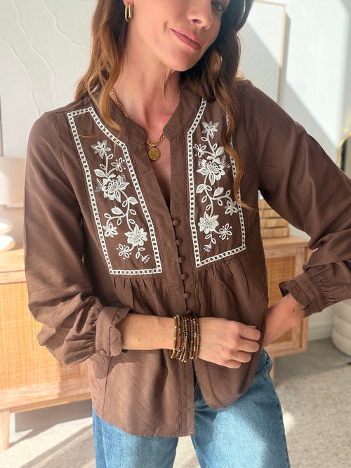 Chemise femme marron brodée manches longues bohème – ELLIE – photo 4