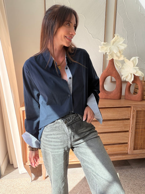 Chemise marine dos ouvert détails rayés bleu et blanc – MAELIA – photo 4