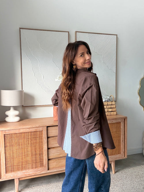 Chemise marron dos ouvert empiècement rayé bleu – MAELIA – photo 2