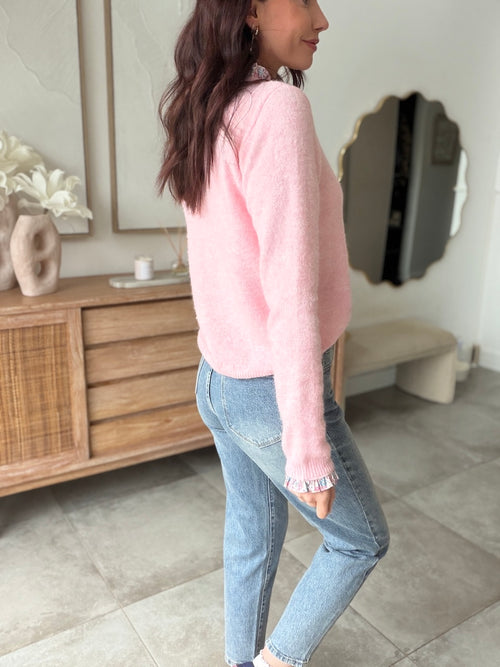 Gilet femme rose pâle col rond détails fleuris – SOLINA – photo 4