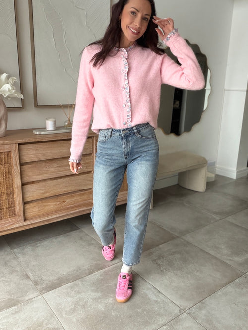 Gilet femme rose pâle col rond détails fleuris – SOLINA – photo 5