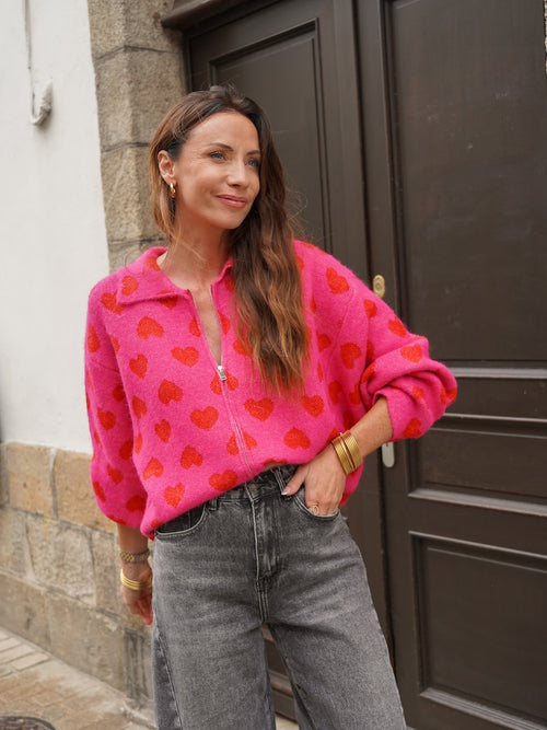 Gilet maille douce fuschia imprimé cœurs – CAMILIA – photo 10