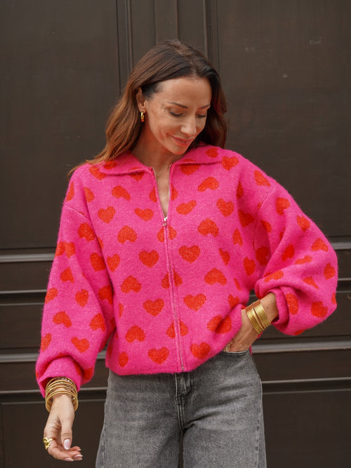 Gilet maille douce fuschia imprimé cœurs – CAMILIA – photo 4