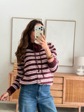 Gilet rayé bordeaux et rose pâle maille douce boutonné – AXELLE – photo 2