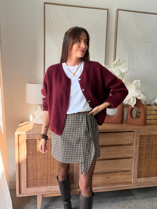 Jupe short à carreaux marron et beige lien à nouer – DORY – photo 1