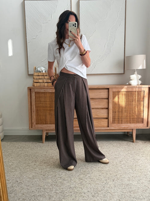 Pantalon large marron à fins carreaux taille élastiquée – ROBY – photo 1