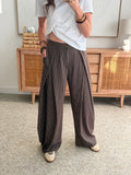 Pantalon large marron à fins carreaux taille élastiquée – ROBY – photo 2