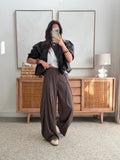 Pantalon large marron à fins carreaux taille élastiquée – ROBY – photo 5