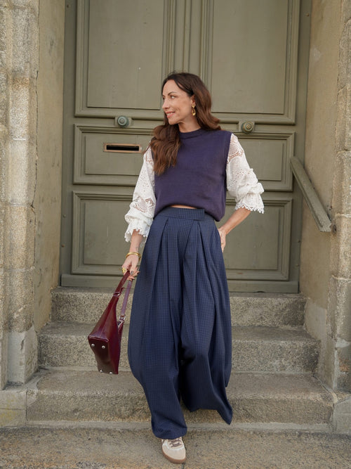 Pantalon palazzo à carreaux marine – PANTALON LEON MARINE – TAMASHOP – vue 6