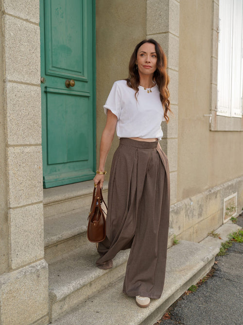 Pantalon palazzo à carreaux marron – PANTALON LEON MARRON – TAMASHOP – vue 2