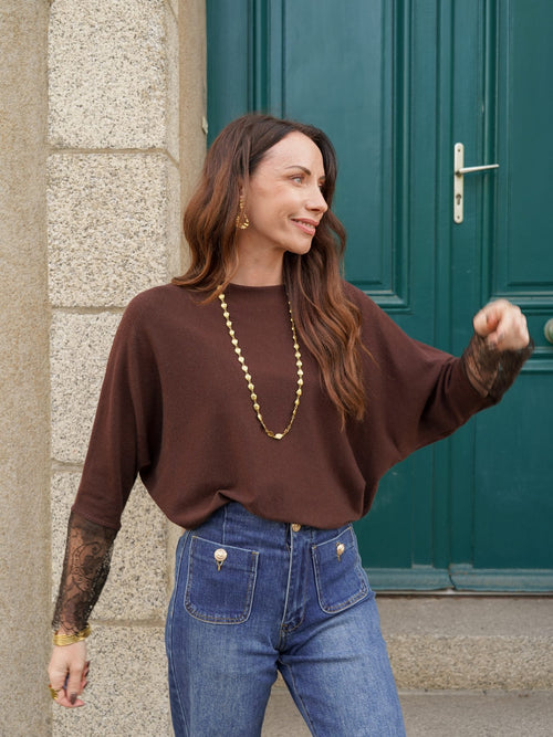 Pull chocolat manches dentelle – PULL LESLIE CHOCOLAT – TAMASHOP – vue 2