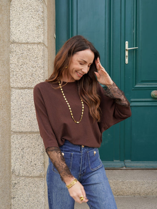 Pull chocolat manches dentelle – PULL LESLIE CHOCOLAT – TAMASHOP – vue 3