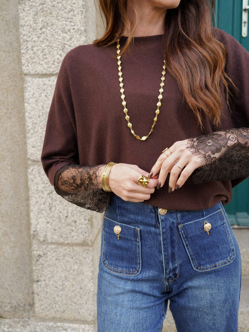 Pull chocolat manches dentelle – PULL LESLIE CHOCOLAT – TAMASHOP – vue 5