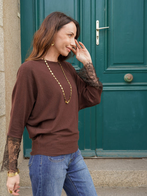 Pull chocolat manches dentelle – PULL LESLIE CHOCOLAT – TAMASHOP – vue 6