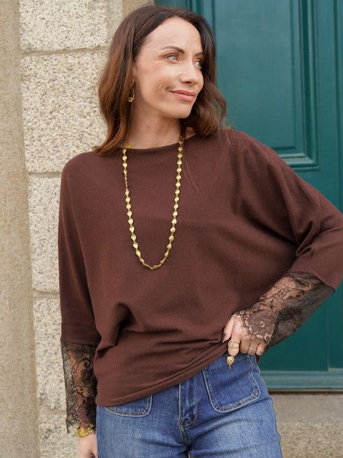 Pull chocolat manches dentelle – PULL LESLIE CHOCOLAT – TAMASHOP – vue 7
