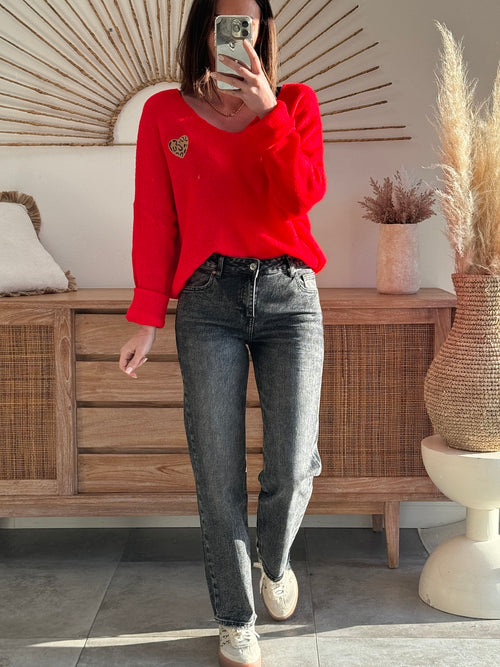 Pull femme oversize col V cœur léopard rouge – JESSY – photo 3