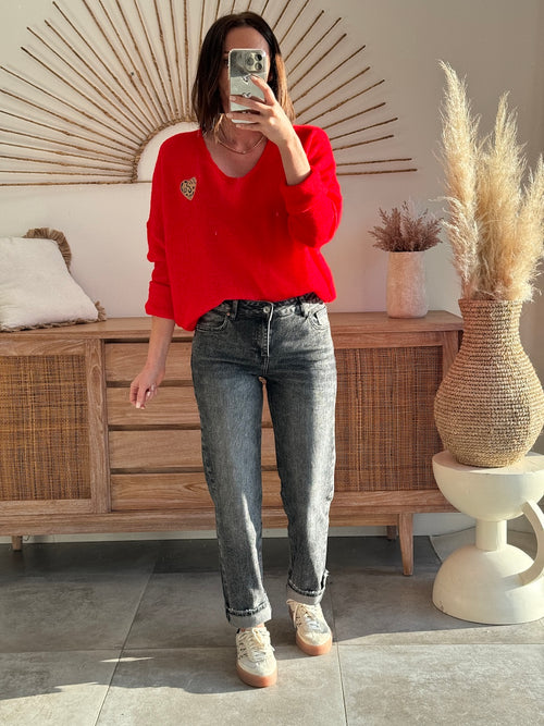 Pull femme oversize col V cœur léopard rouge – JESSY – photo 4