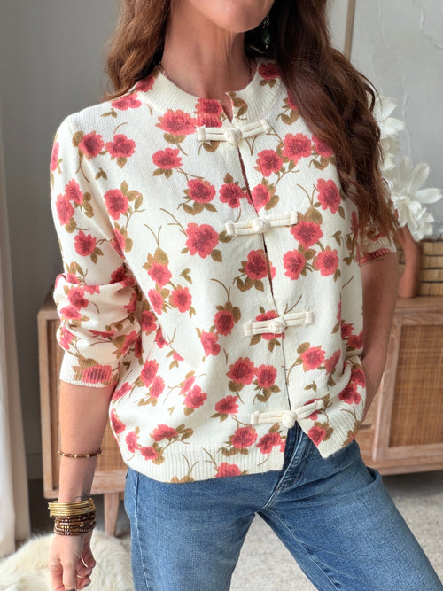 Pull gilet fleuri beige à attaches col rond – KAYA – photo 2