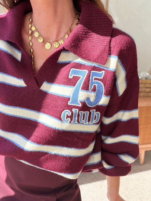 Pull rayé bordeaux col polo brodé 75 Club – MALVINA – photo 4