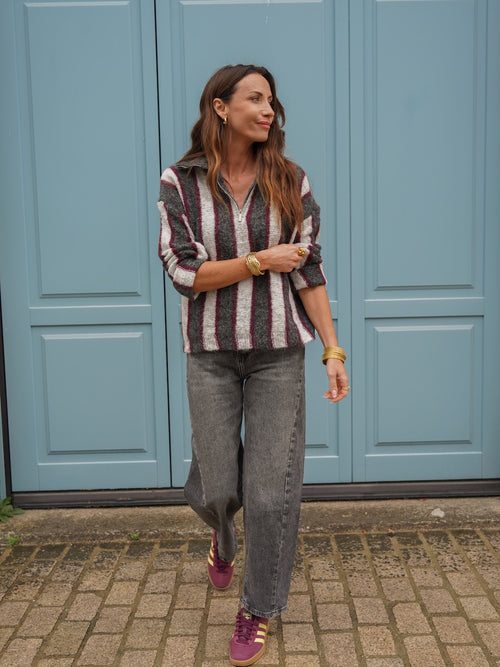 Pull rayé col zippé gris beige et bordeaux – LINDA – photo 10