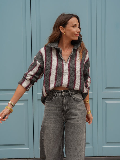 Pull rayé col zippé gris beige et bordeaux – LINDA – photo 14