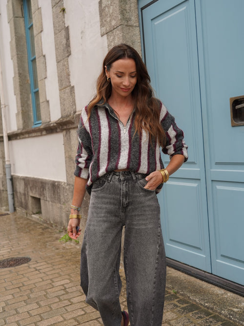 Pull rayé col zippé gris beige et bordeaux – LINDA – photo 1