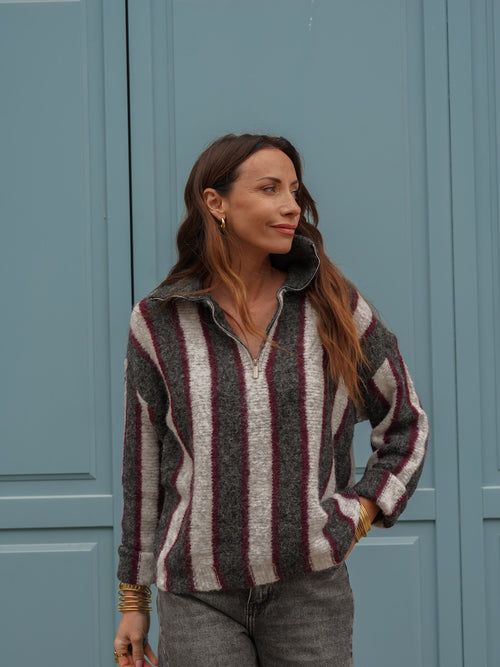 Pull rayé col zippé gris beige et bordeaux – LINDA – photo 8