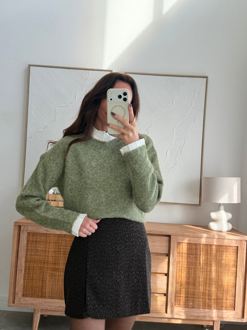 Pull vert effet col chemise superposé maille douce – AMELIE – photo 1
