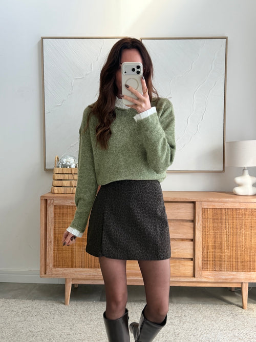Pull vert effet col chemise superposé maille douce – AMELIE – photo 3