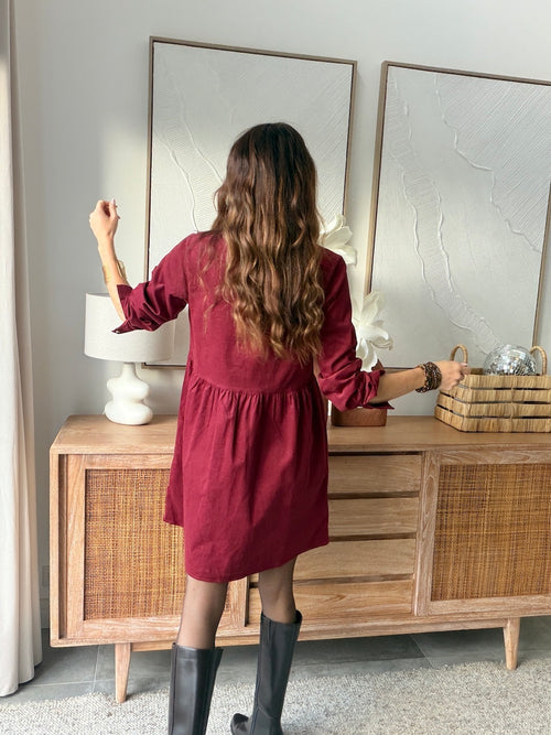 Robe chemise courte bordeaux côtelée taille marquée – CELESTINE – photo 4