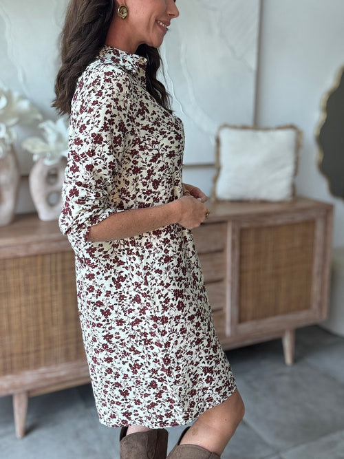 Robe chemise courte fleurie bordeaux manches longues – ENAELLE – photo 4